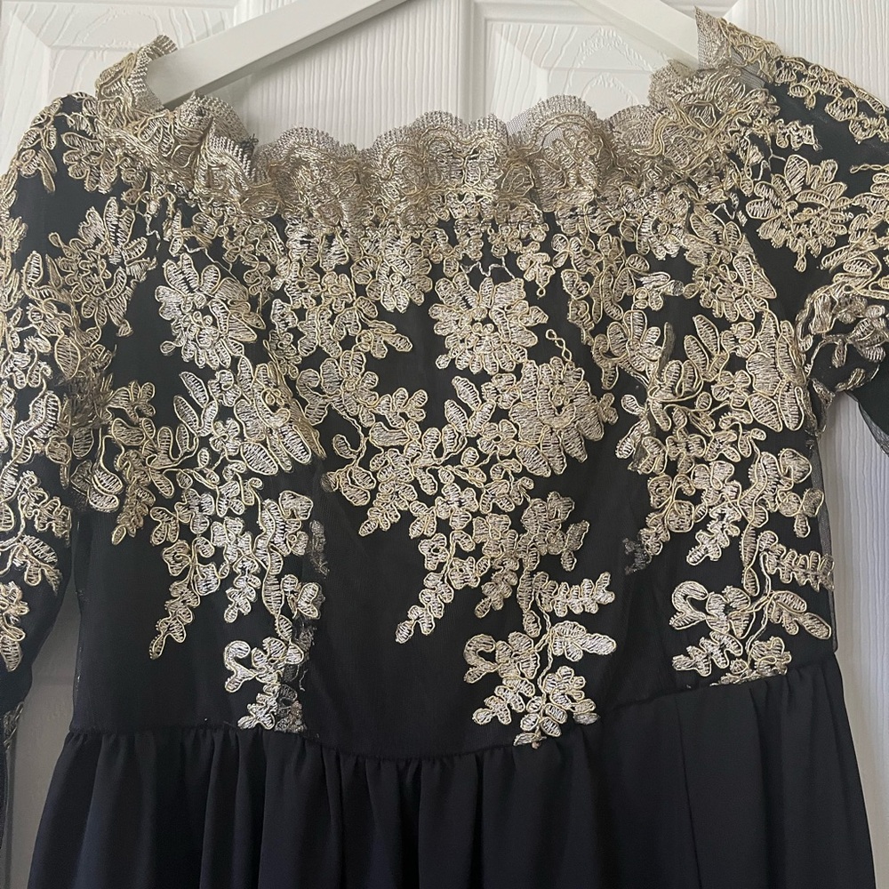 Black Off the Shoulder Maxi with Slit & Gold Embroidery